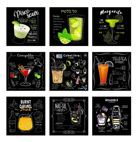 Pack 9 Carteles Metálicos 28x28 Cms Trago Pisco Sour Pizarra