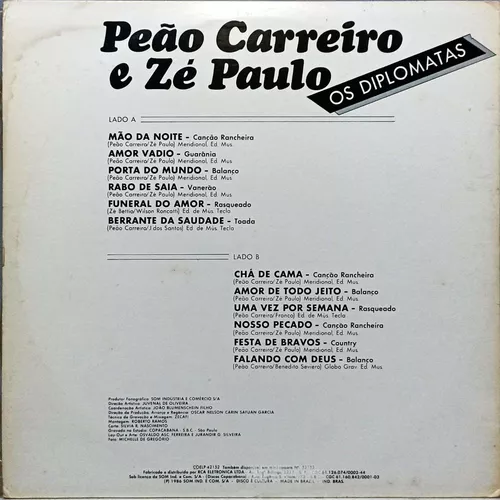 Disco de Vinil Peão Carreiro e Zé Paulo - os Diplomatas 1986 Interprete Peão  Carreiro e Zé Paulo (1986) [usado] - Sebo Espaço Literário