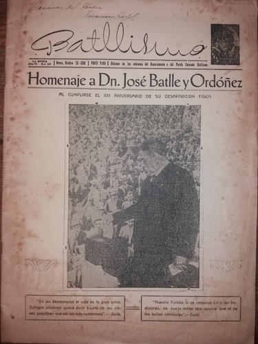 Revista  Batllismo Editada En Rivera Homenaje A Batlle 1950