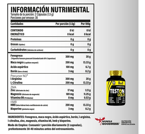 Muscle Goodness | Teston Gold Advanced 8 En 1 | 60 Caps Sabor Sin Sabor