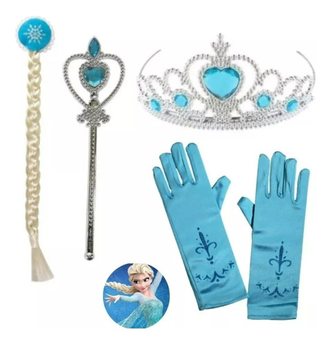 Kit Frozen Elsa Acessórios Com Trança Luvas Coroa E Varinha