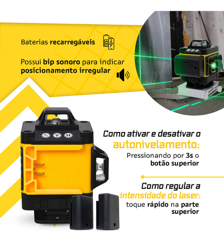 Nível A Laser Verde 16 Linhas Esquadro + Suporte Recarregavel Profissional Prumo 30m Autonivelante Nano Bateria