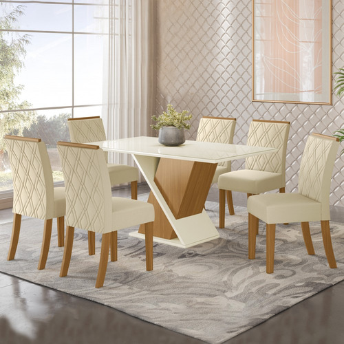 Mesa De Jantar 6 Lugares Alice Com Vidro Nature/off Cor Da Tampa Bege