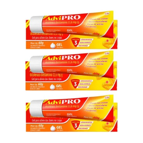 Advipro Diclofenaco Gel Dores Musculares 60g (kit 3 Tubos)