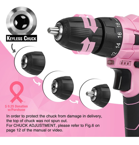 Tool Set Workpro 12v Pink Cordless Drill Driver 61pc W/ Bag