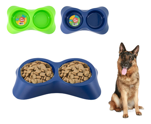 Plato Doble Comedero Para Perro Plastico mediano Mr Wuff Color Azul