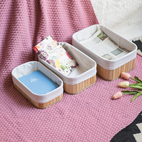 Kit 3 Cestos Organizador De Bambu Multiuso Com Forro