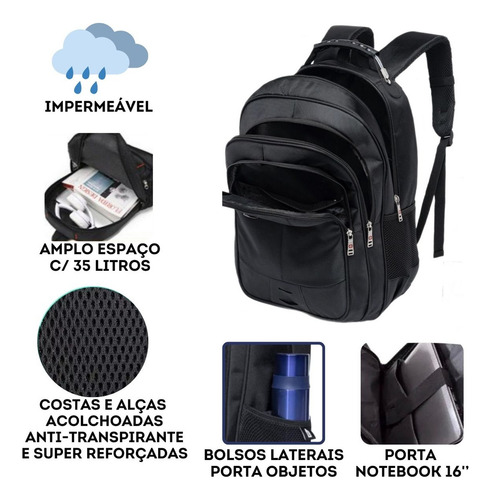 Mochila de viaje para hombre de 40 litros reforzada a prueba de agua, color negro
