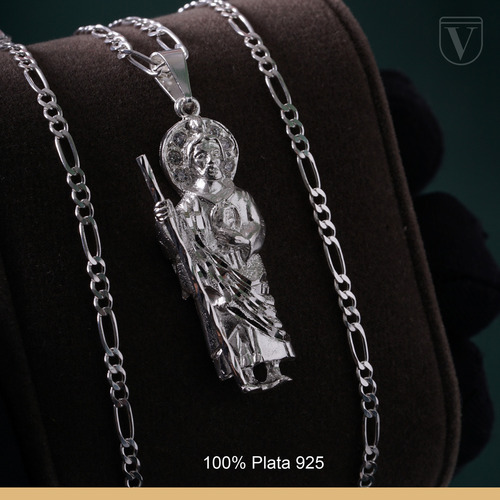 San Judas Tadeo Dije Y Cadena Figaro 60cm Plata Ley 925