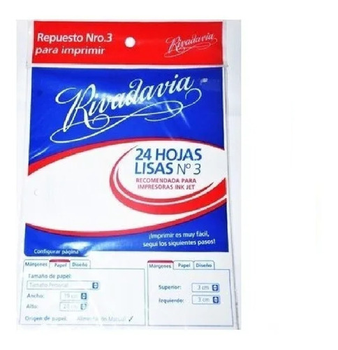 Repuesto Rivadavia Papel Para Imprimir Inkjet Nro. 3 Blanco