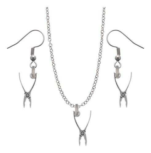 Kit Collar Y Aretes Herramientas Regalo Dije Cadena Acero Plateado Pinza 2