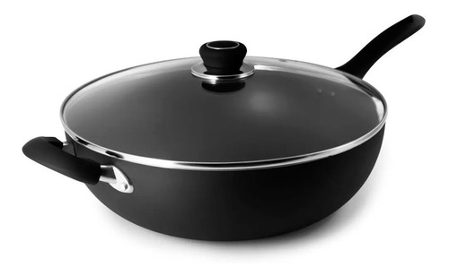 Wok Teflón 32 Cm Hudson Antiadherente Tapa De Vidrio Silmar