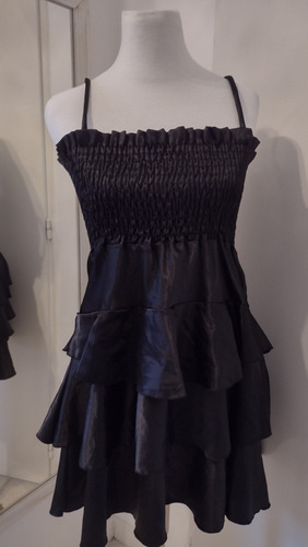 Vestido Satén Negro Corto Volados Fiesta