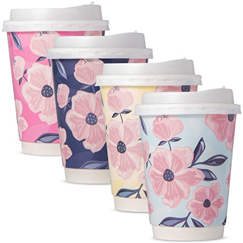 48 Floral Disposable Coffee Cups With Lids 12 Oz Double...