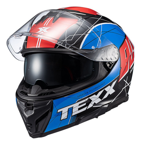 Capacete Texx Fecha Kaiman Vector Azu Verm Pret Branc Brilho
