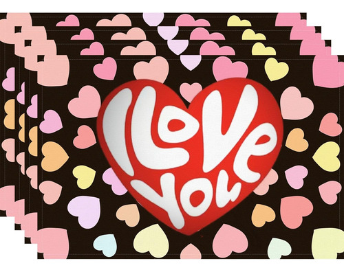 Set De 4 Individuales Negros De San Valentín Con Corazones,