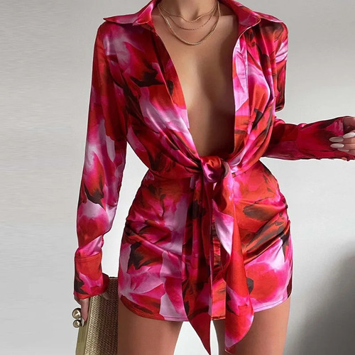 Vestido Sexy De Manga Larga Con Cuello En V Y Estampado Flor