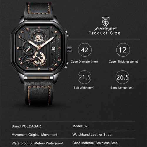 Imagen 3 de 7 de Reloj Cronógrafo Luminoso De Piel De Cuarzo Poedagar