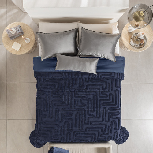 Juego De Edredon Matrimonial / Queen Size Budapest Azul Marino Vianney Textura