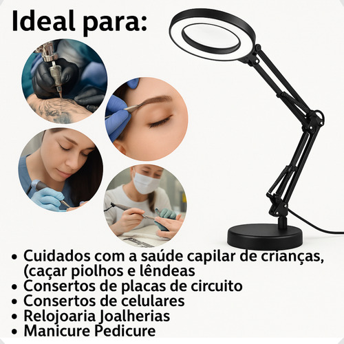 Luminaria Lupa Estética Thevisionaries Ring Light Articulada Mesa Bancada Garra Aumento 5X Lash Designer Esteticista Manicure Extensionista Cílios Iluminação Técnico Eletrônica Maquiadora Relojoeiro