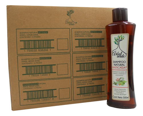 Caja 12 Pzs De Shampoo Natural Anticaída Árbol Verde 500 Ml