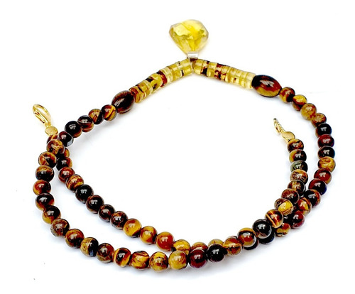 Imagen 4 de 4 de Collar De Ojo De Tigre, Ambar Musgoso Y Dije De Ambar Dorado