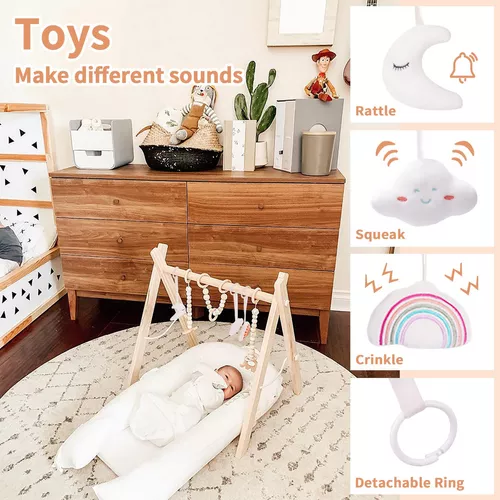 Little Dove Gimnasio de madera para bebés con 6 juguetes plegable Play Gym  Frame Actividad Gimnasio Barra colgante Juguete para bebés Blanco