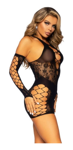 Bodystocking Malla Encaje Lencería Sexy Mini Vestido 