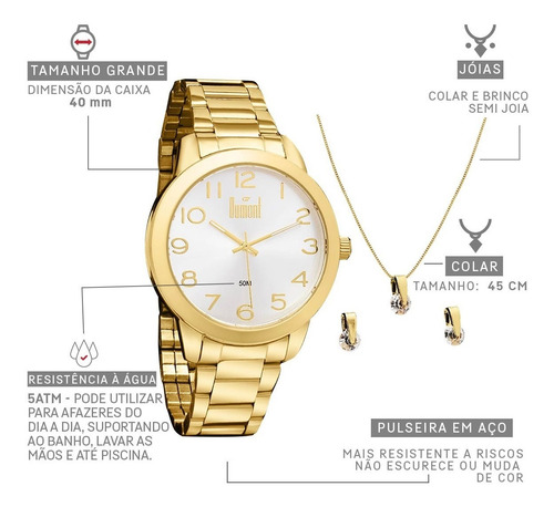 Imagem 4 de 9 de Kit Relógio Feminino Dourado Com Semi Joia Banhada A Ouro 18