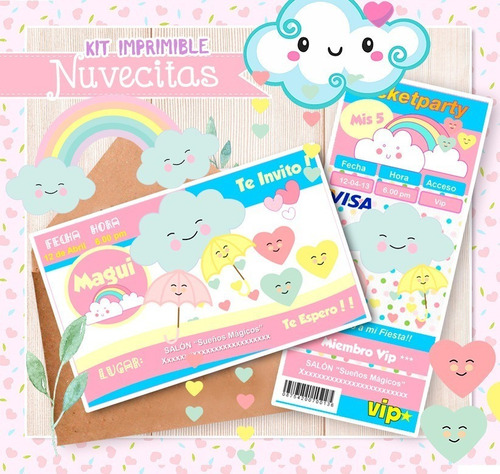 Kit Imprimible Cumpleaños Nubecitas Nube Arcoiris Promo 2x1