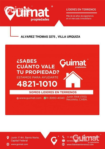 Imagen 1 de 9 de Terreno - Villa Urquiza - Lideres En Terrenos - Guimat Propiedades