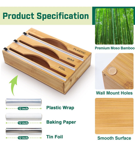 Dispensador Envoltura Plastico Cortador Papel Bambu 3 1
