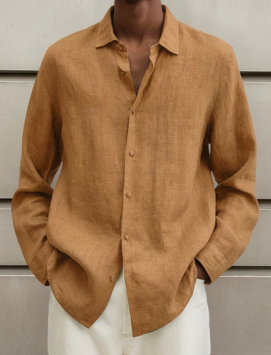 Otoño Color Sólido Botón Manga Larga Camisa Casual Hombre