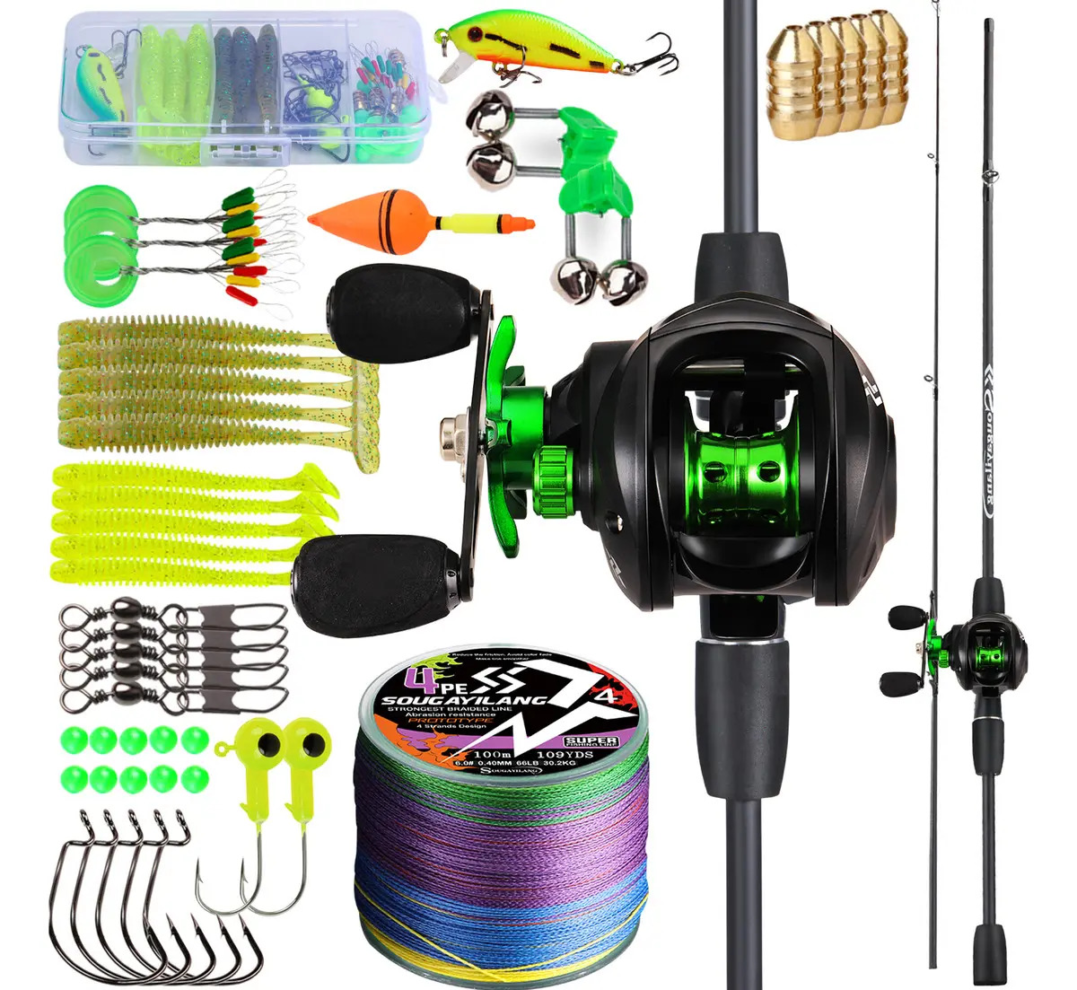 Vara De Pesca Completo 1,80m + Carretilha E Linha+acessórios Cor Verde