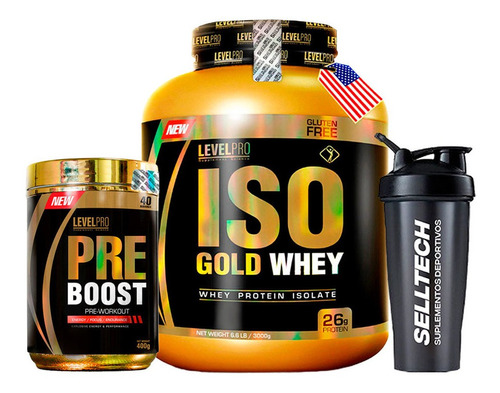 Iso Gold Whey 6.6lbs Chocolate+pre Boost 400gr Fruit+shaker