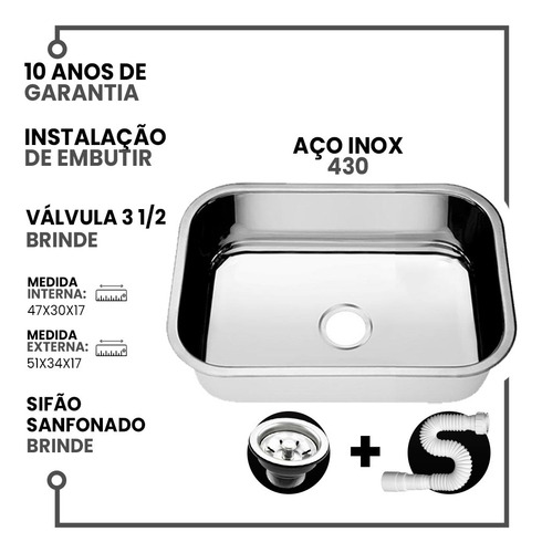 Cuba Pia Inox 47x30x17 430 American 10 Unidades Com Valvulas
