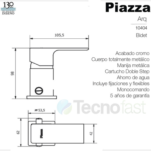 Griferia Bidet Cromado Piazza 10404 Arq Monocomando Baño