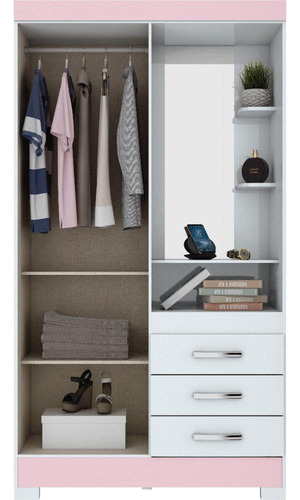 Armario Martina para habitación individual con espejo, 02 puertas, color blanco/blanco/rosa té