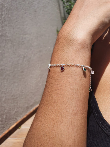 Pulseira Ponto De Luz Feminina Zirconia Colorida Prata 925 Comprimento 18 Cm Cor Prateado