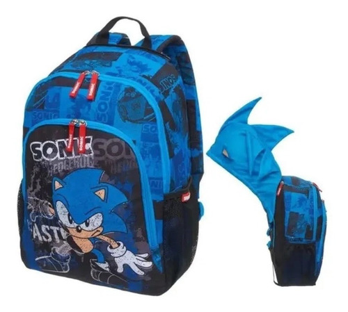 $mochila Infantil De Costas Sonic Touca Capuz Azul Original