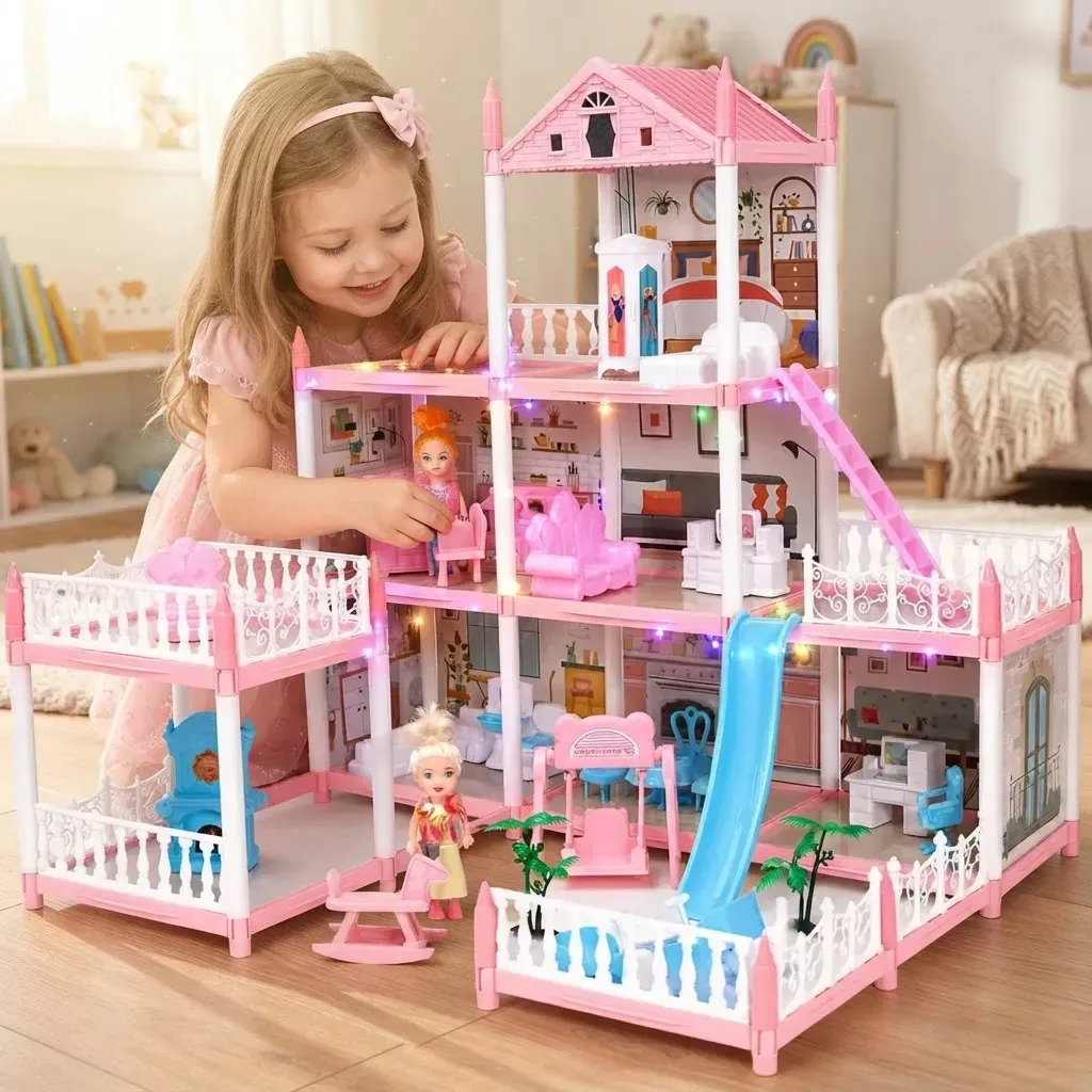 BrincaMundo Casa De Boneca Luxo 187Peças 3 Andares 7 Cômodos com 2 Bonecas Escorregador Luzes LED Móveis e Acessórios Completos Escorregador Brinquedo Menina Infantil Rosa
