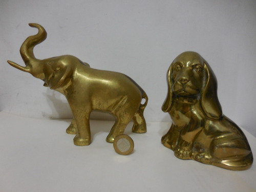 Figura De Elefante Y Perro De Bronce