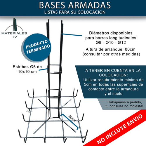 Armadura Base Hierro 8mm Zapata 90x90cm + Tronco 80cm