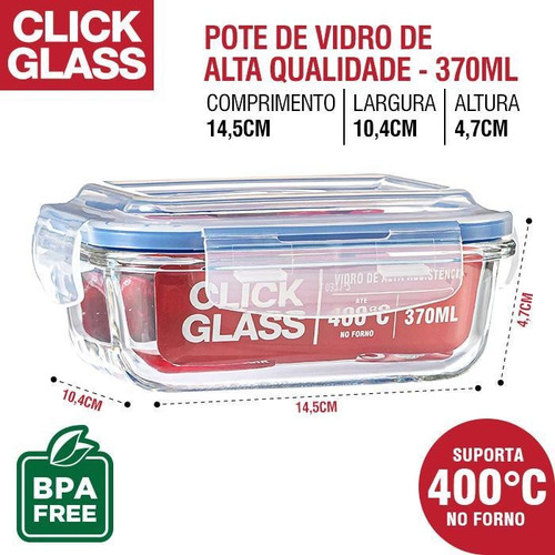 Imagem 3 de 6 de Kit 4 Potes De Vidro Herméticos Alta Qualidade Click Glass