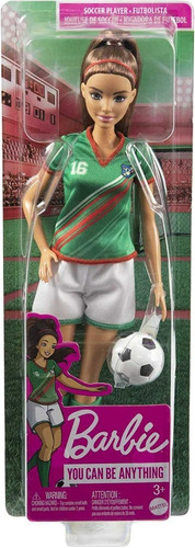 BARBIE Mattel , Muñeca Profesiones, Jugadora de Fútbol con Playera Verde, para Niñas de 3 Años en Adelante, 