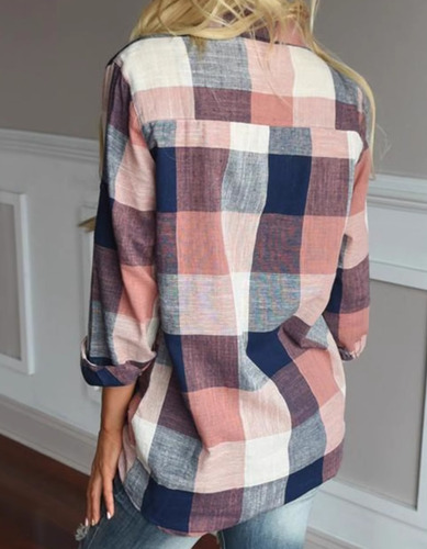 Camisa Casual A Cuadros De Algodón Y Lino Para Mujer