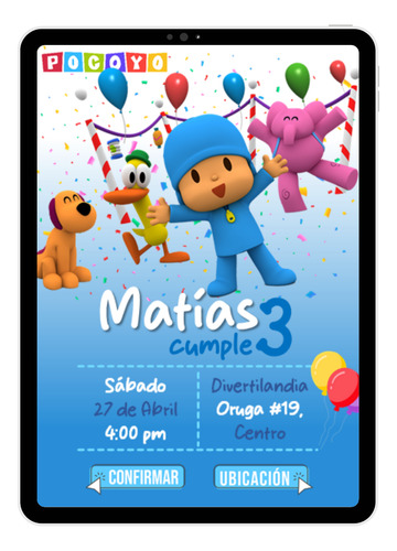 Invitación Digital Infantil Pdf Botón Confirmación Ubicación Pocoyo