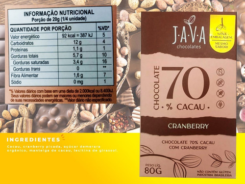 Chocolate 70% Cacau C/ Cranberry Vegano Sem GlĂșten 80g Java