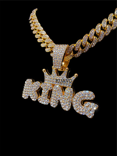 Collar Cubana Ice + Frase King Ice Strass Simil Oro Trap Dorado