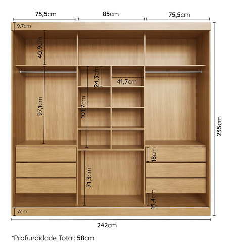 Guarda-roupa Casal 3 Portas De Correr Lisas Samambaia